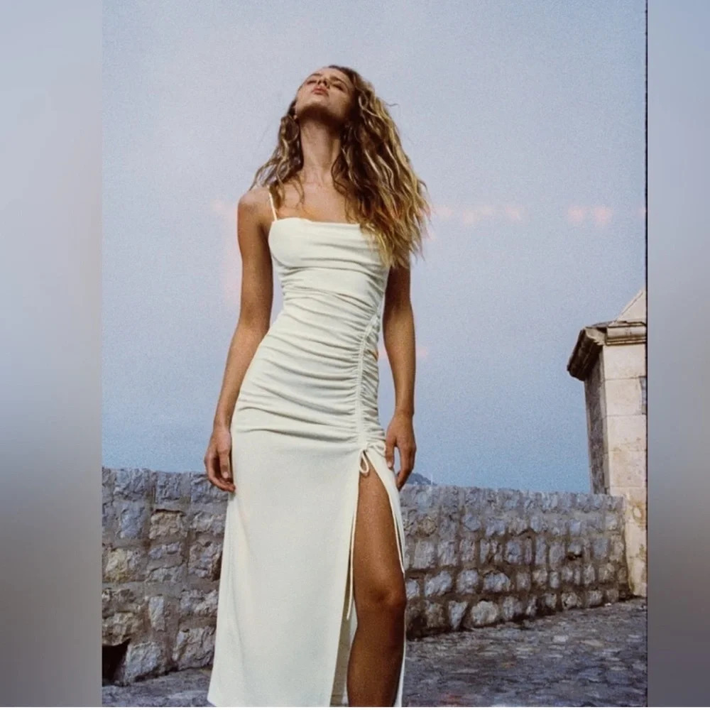 Nwt Zara White Draped Midi Dress